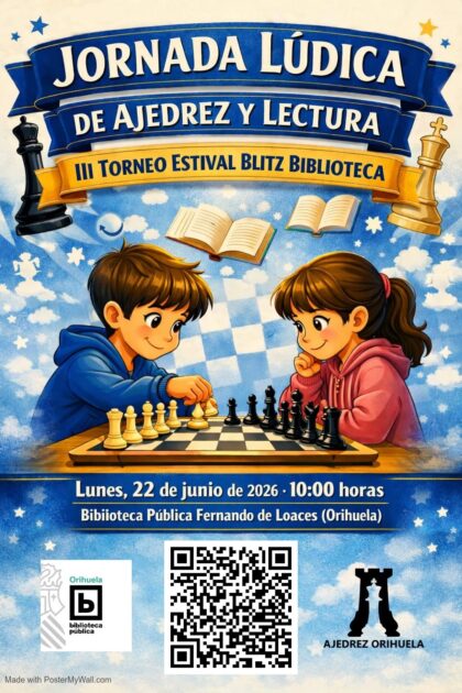 Orihuela, evento cultural: Jornada lúdica de ajedrez y lectura con el III Torneo Estival Blitz, dentro de los talleres y actividades infantiles de verano 2026 de la Biblioteca Pública y Archivo Histórico ‘Fernando de Loazes’