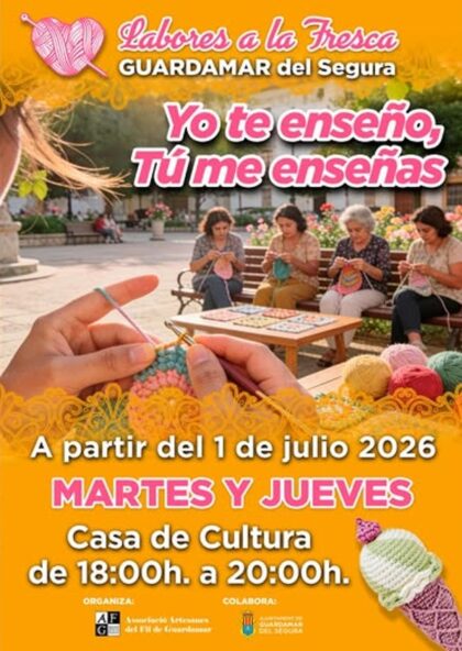 Guardamar del Segura, evento: Actividad 'Labores a la fresca' bajo el lema 'Yo te enseño, tú me enseñas', dentro de la agenda municipal de julio del Ayuntamiento