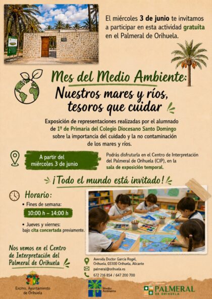 Orihuela, evento: Exposición de representaciones del alumnado de 1º de Primaria del colegio Santo Domingo sobre la importancia del cuidado de los mares y ríos, dentro de los actos del Día del Medio Ambiente organizados por la Concejalía de Medio Ambiente