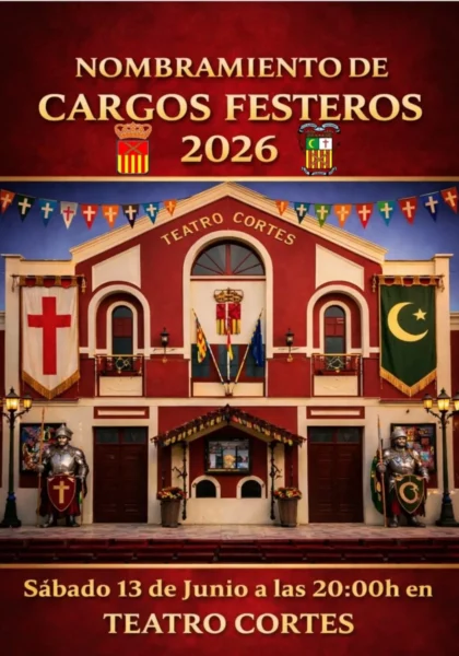 Almoradí, evento: Acto de nombramiento de cargos festeros 2026 de las Fiestas de Moros y Cristianos, organizado por la Junta Central Festera y el Ayuntamiento