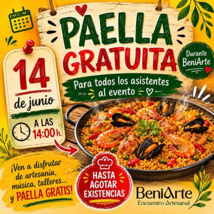 Benijófar, evento: Degustación de paella gratuita para todos los asistentes, dentro de los actos del encuentro artesanal solidario 'BeniArte' organizado por la asociación de ictus y daño cerebral 'Stroke association' y la asociación artístico artesanal 'Cuevas de Rojales'