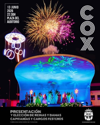 Cox, evento: Presentación y elección de reinas y damas, capitanías y cargos festeros, dentro de los actos de las fiestas patronales en honor a la Virgen del Carmen organizados por la Concejalía de Fiestas