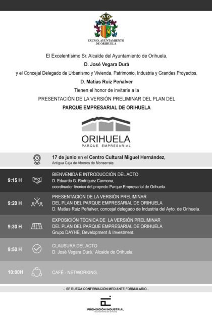 Orihuela, evento: Presentación de la versión preliminar del plan del parque empresarial, organizada por el Ayuntamiento