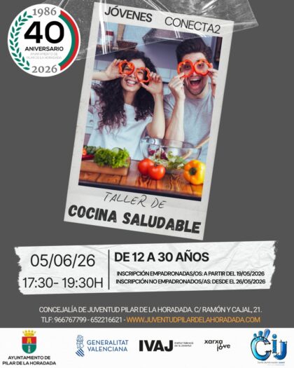 Pilar de la Horadada, evento: Inscripción al taller gratuito de cocina saludable para jóvenes de 12 a 30 años, dentro de las actividades del programa de ocio educativo 'Jóvenes Conecta2' organizadas por el Centro de Información Juvenil (CIJ)