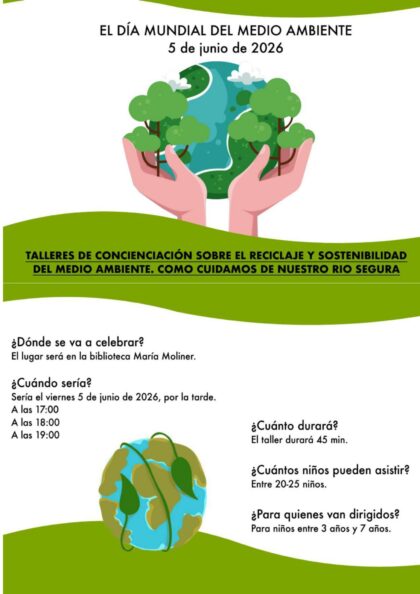 Orihuela, evento: ANULADOS Talleres de concienciación sobre el reciclaje y sostenibilidad del medio ambiente 'Cómo cuidamos de nuestro río Segura' para niños de 3 a 7 años, organizados por la Concejalía de Medio Ambiente y la Biblioteca Municipal 'María Moliner'
