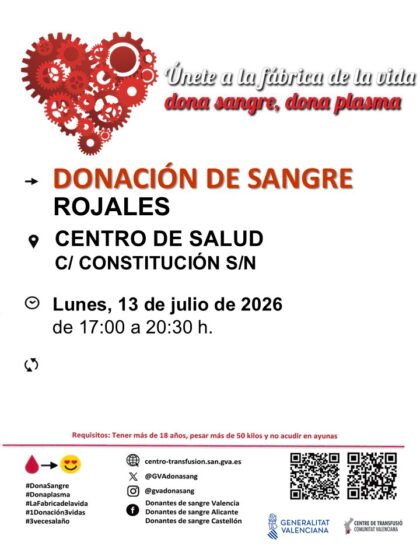 Rojales, evento: Donación de sangre, organizada por el Centro de Transfusiones de la Comunidad Valenciana