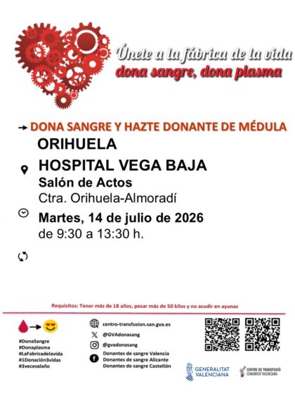 Orihuela, evento: Donación de sangre y para hacerse donante de médula, organizada por el Centro de Transfusiones de la Comunidad Valenciana