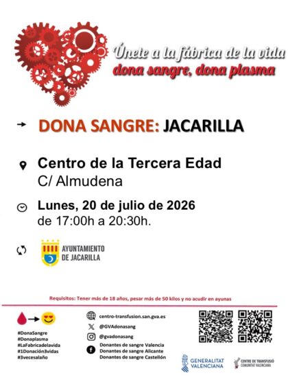 Jacarilla, evento: Donación de sangre, organizada por el Centro de Transfusiones de la Comunidad Valenciana