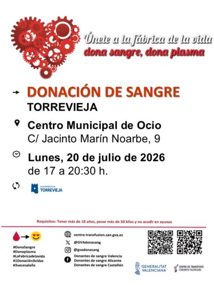 Torrevieja, evento: Donación de sangre, organizada por el Centro de Transfusiones de la Comunidad Valenciana