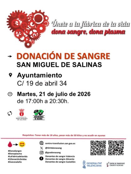 San Miguel de Salinas, evento: Donación de sangre, organizada por el Centro de Transfusiones de la Comunidad Valenciana