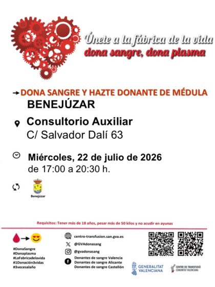 Benejúzar, evento: Donación de sangre y para hacerse donante de médula, organizada por el Centro de Transfusiones de la Comunidad Valenciana