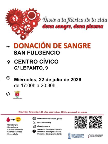 San Fulgencio, evento: Donación de sangre, organizada por el Centro de Transfusiones de la Comunidad Valenciana