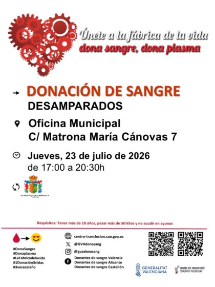 Desamparados de Orihuela, evento: Donación de sangre, organizada por el Centro de Transfusiones de la Comunidad Valenciana