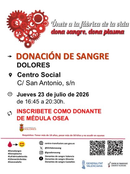 Dolores, evento: Donación de sangre y para inscribirse como donante de médula ósea, organizada por el Centro de Transfusiones de la Comunidad Valenciana