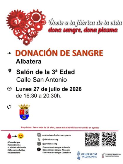 Albatera, evento: Donación de sangre, organizada por el Centro de Transfusiones de la Comunidad Valenciana