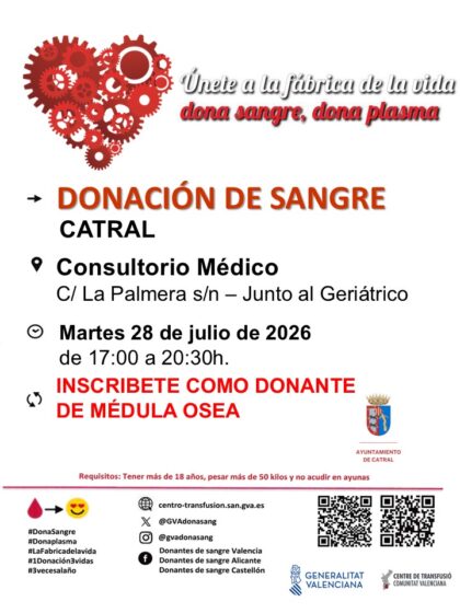 Catral, evento: Donación de sangre y para inscribirse como donante de médula ósea, organizada por el Centro de Transfusiones de la Comunidad Valenciana