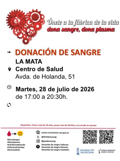 La Mata de Torrevieja, evento: Donación de sangre, organizada por el Centro de Transfusiones de la Comunidad Valenciana