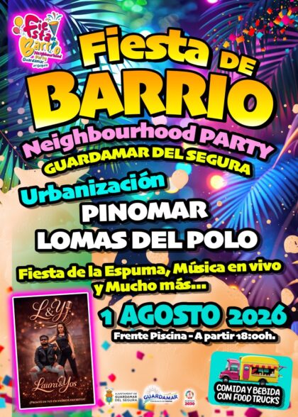 Guardamar del Segura, evento: Fiesta de barrio con fiesta de la espuma y música en vivo con el dúo 'L & Y', dentro de la agenda municipal de agosto del Ayuntamiento