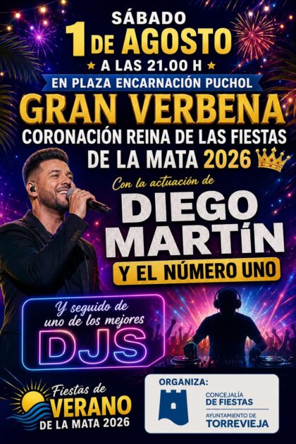La Mata de Torrevieja, evento: Acto de coronación de la reina de las fiestas de La Mata y actuación del cantante Diego Martín y el número uno, dentro de las fiestas de verano organizadas por la Concejalía de Fiestas
