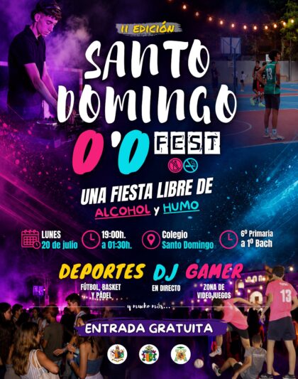Orihuela, evento: II 'Santo Domingo 0'0 Fest', fiesta libre de alcohol y humo, con deportes, dj y videojuegos, dentro de los actos de la Fiesta de la Reconquista y de Moros y Cristianos organizados por Colegio Diocesano Santo Domingo y Asociación de Fiestas de Moros y Cristianos