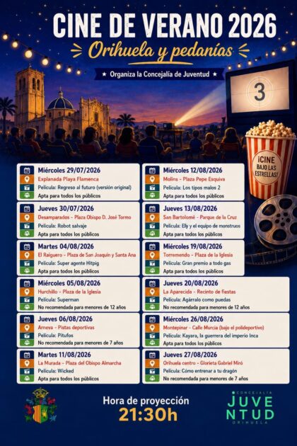 Arneva de Orihuela, evento cultural: Sesión de cine con la película de animación estadounidense-belga 'Pitufos' (2025), dentro de la programación del ciclo 'Cine de verano' organizada por la Concejalía de Juventud