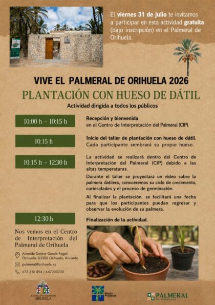  Orihuela, evento: Reservas para la sexta actividad gratuita 'Plantación con hueso de dátil' para todos los públicos, dentro del programa anual 'Vive el Palmeral de Orihuela 2026' organizado por la Concejalía de Medio Ambiente