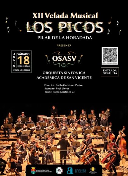 Pilar de la Horadada, evento cultural: XII Velada Musical 'Los picos' con la Orquesta Sinfónica Academia de San Vicente (OSASV), la soprano Pepi Lloret y el tenor Pablo Martínez, organizada por el Ayuntamiento