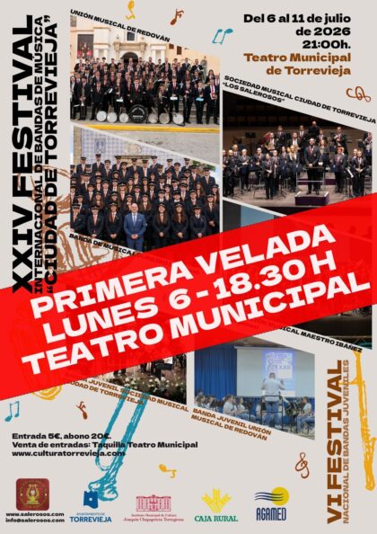Torrevieja, evento cultural: Actuación de las bandas juveniles de la Sociedad Musical Ciudad de Torrevieja y de la Unión Musical de Redován en el VI Festival Nacional de Bandas Juveniles, dentro de la programación cultural para el segundo cuatrimestre de 2026 organizada por la Concejalía de Cultura