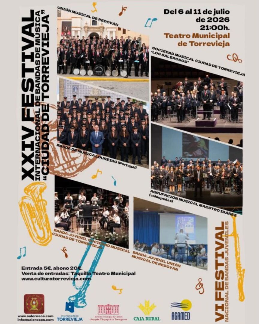 Torrevieja, evento cultural: Actuación de la banda de música Loureiro (Portugal) y de la Sociedad Musical Ciudad de Torrevieja ‘Los salerosos’ en el XXIV Festival Internacional de Bandas de Música ‘Ciudad de Torrevieja’, dentro de la programación cultural para el segundo cuatrimestre de 2026 organizada por la Concejalía de Cultura