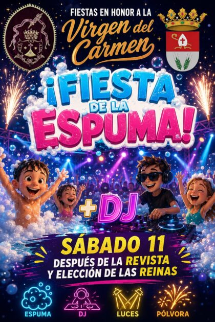 San Fulgencio, evento: Fiesta infantil de la espuma con sesión de dj, dentro de los actos de las fiestas en honor a la Virgen del Carmen