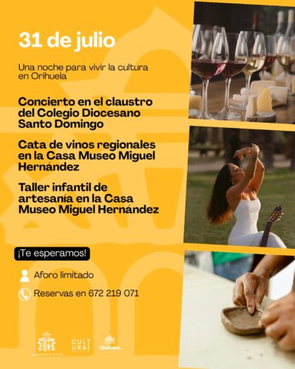 Orihuela, evento: Encuentro cultural con cata de vinos oriolanos, taller infantil de artesanía y concierto en acústico de piano y guitarra por Ada Moon, dentro del programa 'Noches de verano en los museos de Orihuela' organizado por la Concejalía de Cultura