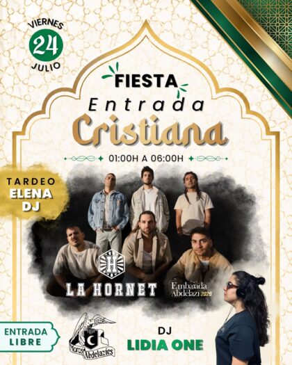 Orihuela, evento cultural: Fiesta de la entrada cristiana con el concierto del grupo 'La hornet' y sesión del dj Lidia One, por la comparsa Moros Abdelazíes, dentro de los actos de la Fiesta de la Reconquista y de Moros y Cristianos organizados por las comparsas cristianas y moras