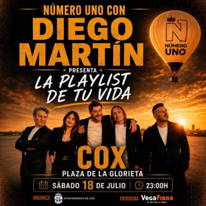 Cox, evento cultural: Concierto con el espectáculo 'La 'playlist' de tu vida', por 'Número uno. Diego Martín', dentro de los actos de las fiestas patronales en honor a la Virgen del Carmen organizados por la Concejalía de Fiestas
