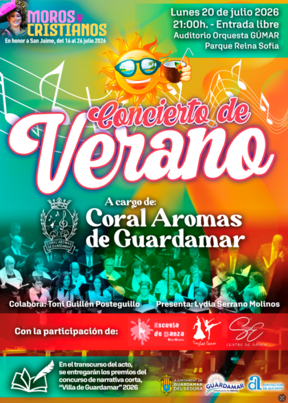 Guardamar del Segura, evento cultural: Concierto de verano por la coral 'Aromas de Guardamar', con Toni Guillén Posteguillo y tres escuelas de danza, dentro de las fiestas patronales en honor a San Jaime 2026 y de Moros y Cristianos