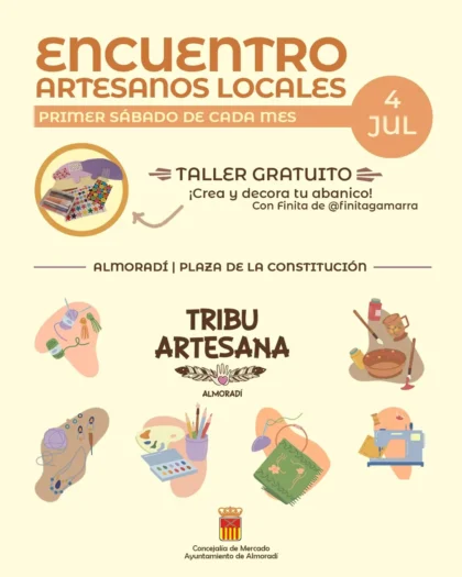 Almoradí, evento: Encuentro de artesanos locales con taller gratuito de crear y decorar un abanico y muestra de productos artesanales, como 'crochet', macramé, artesanía en vidrio, pintura, cerámica, orfebrería, madera, impresión 3D, bordado, entre otros, organizado por la Concejalía de Mercado