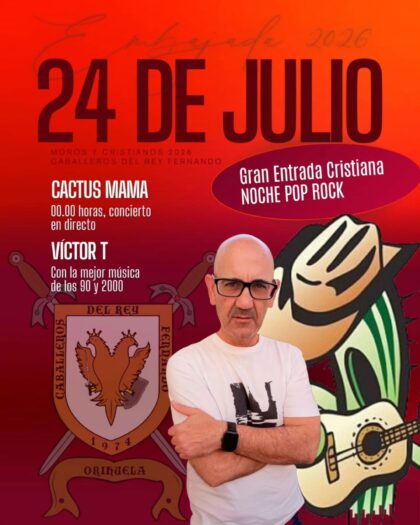 Orihuela, evento cultural: Concierto en directo de la 'cover band' 'Cactus mama' y la sesión del dj Víctor T, por la comparsa Caballeros del Rey Fernando, dentro de los actos de la Fiesta de la Reconquista y de Moros y Cristianos organizados por las comparsas cristianas y moras