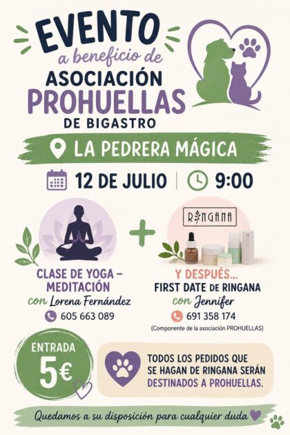 Bigastro, evento: Actividad solidaria a beneficio de la asociación 'Prohuellas' con sesión de yoga y presentación de productos de belleza, organizada por la propia asociación protectora de animales 'Prohuellas' y 'La pedrera mágica'