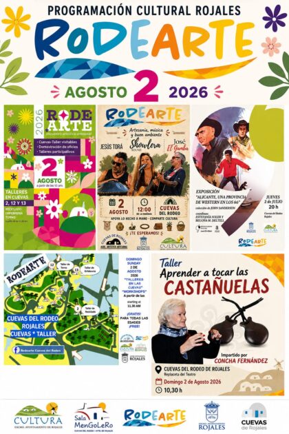 Rojales, evento: Encuentro de artesanos y artistas ‘Rodearte’ con puestos de artesanía, demostraciones de oficios, talleres, exposiciones y conciertos, por la Concejalía de Cultura y la asociación artístico artesanal 'Cuevas del Rodeo', dentro de los actos de agosto de la Concejalía de Cultura