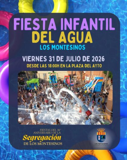 Los Montesinos, evento: Fiesta infantil del agua con hinchables acuáticos y cañón espuma, dentro de los actos de las fiestas del XXXVI aniversario de la Segregación del municipio organizados por el Ayuntamiento