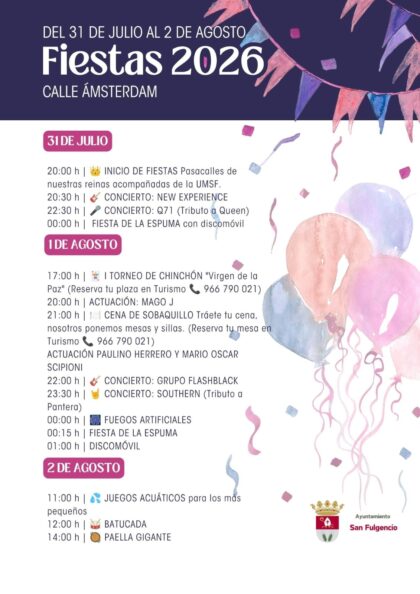 San Fulgencio, evento: Disparo del castillo de fuegos artificiales, dentro de las fiestas 2026 de la calle Ámsterdam organizadas por el Ayuntamiento