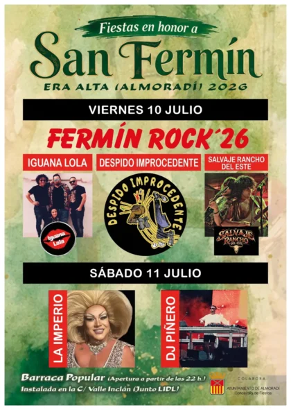 Barrio Era Alta de Almoradí, evento cultural: Apertura de la Barraca Popular con el tradicional festival 'Fermín rock'26', con los grupos 'Iguana Lola', 'Despido improcedente' y 'Salvaje rancho del este', dentro de los actos de las fiestas en honor a San Fermín organizadas por la Concejalía de Fiestas