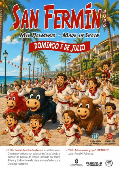 Mil Palmeras de Pilar de la Horadada, evento: Chupinazo y encierro con la charanga 'Huapango' en la fiesta infantil de San Fermín, dentro de los actos de las fiestas de San Fermín 2026 organizados por la Concejalía de Fiestas