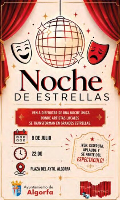 Algorfa, evento cultural: Espectáculo 'Noche de artistas locales' con la actuación del grupo 'Telar Teatro', dentro de las fiestas patronales en honor a la Virgen del Carmen organizadas por el Ayuntamiento