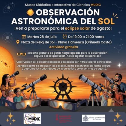 Orihuela Costa, evento: Observación astronómica del sol como preparación para el eclipse solar del miércoles 12 de agosto, organizada por el MUDIC 'Jesús Carnicer' y el Ayuntamiento