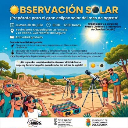 Guardamar del Segura, evento: Observación solar gratuita como preparación para el eclipse solar del miércoles 12 de agosto, organizada por el MUDIC 'Jesús Carnicer' y el Ayuntamiento