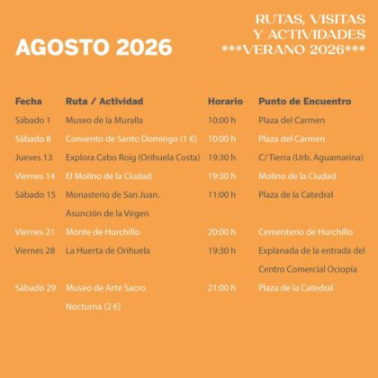 Orihuela, evento: Reservas para las rutas y visitas turísticas guiadas y actividades de verano, organizadas por la Concejalía de Turismo