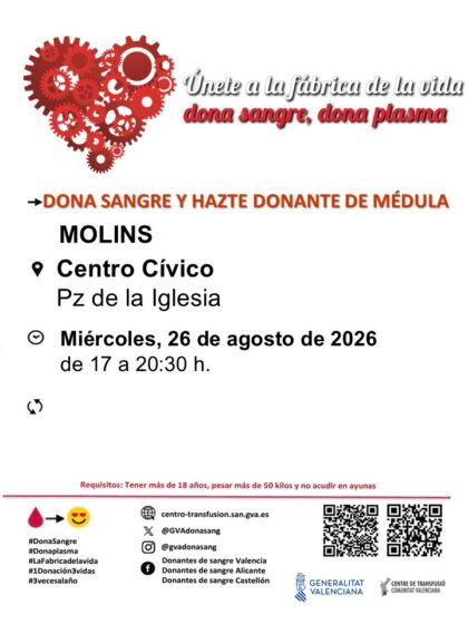 Molins de Orihuela, evento: Donación de sangre y para hacerse donante de médula, organizada por el Centro de Transfusiones de la Comunidad Valenciana