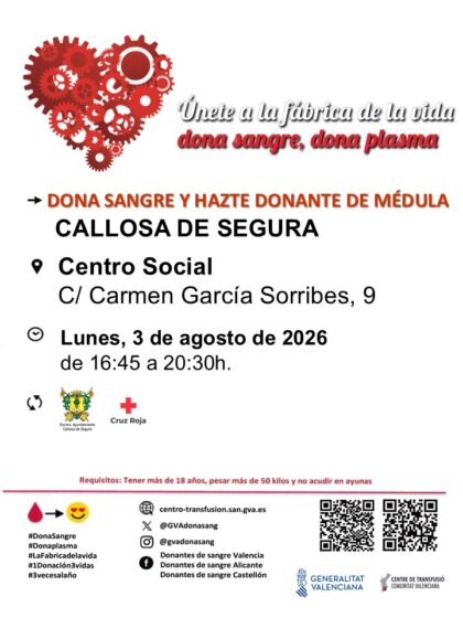 Callosa de Segura, evento: Donación de sangre y para hacerse donante de médula, organizada por el Centro de Transfusiones de la Comunidad Valenciana