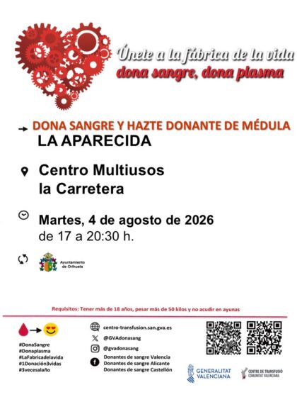 La Aparecida de Orihuela, evento: Donación de sangre y para hacerse donante de médula, organizada por el Centro de Transfusiones de la Comunidad Valenciana y el Ayuntamiento