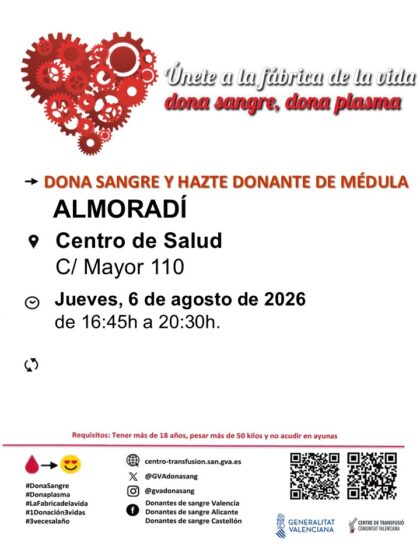 Almoradí, evento: Donación de sangre y para hacerse donante de médula ósea, organizada por el Centro de Transfusiones de la Comunidad Valenciana